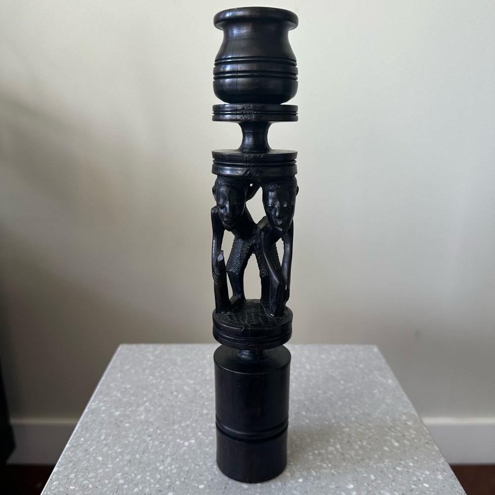 African Ebony Wood Hand Carved Candle Holder Vintage